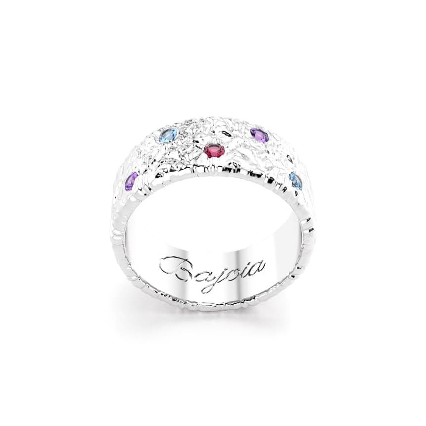 Bague constellation femme argent avec pierre semi-précieuse rhodolite et topaze et améthyste