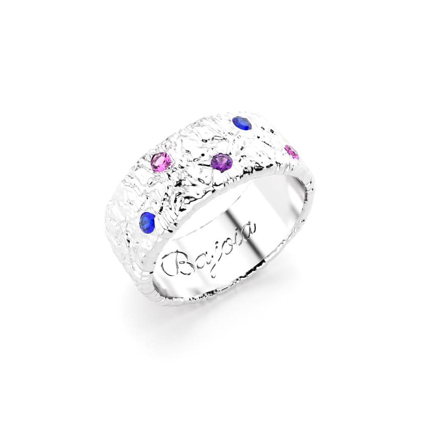 Bague constellation femme or blanc avec pierre semi-précieuse saphirs bleus violets et roses