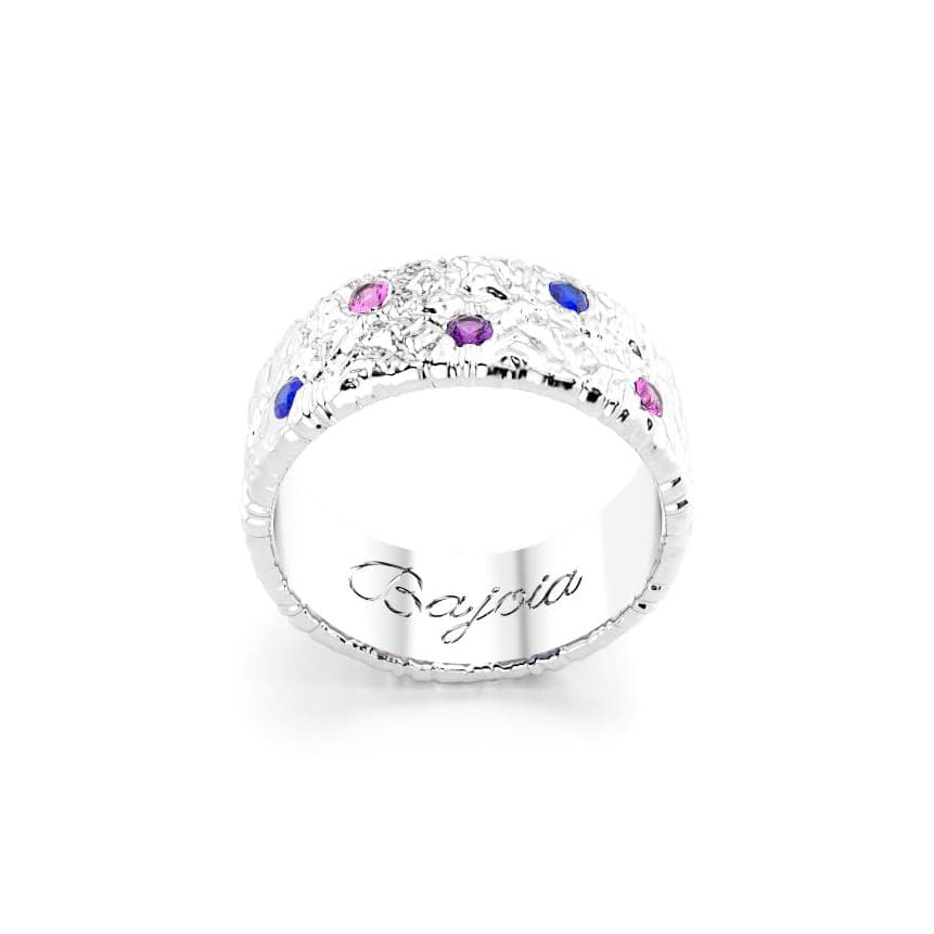 Bague constellation femme or blanc avec pierre semi-précieuse saphirs bleus et violets et roses