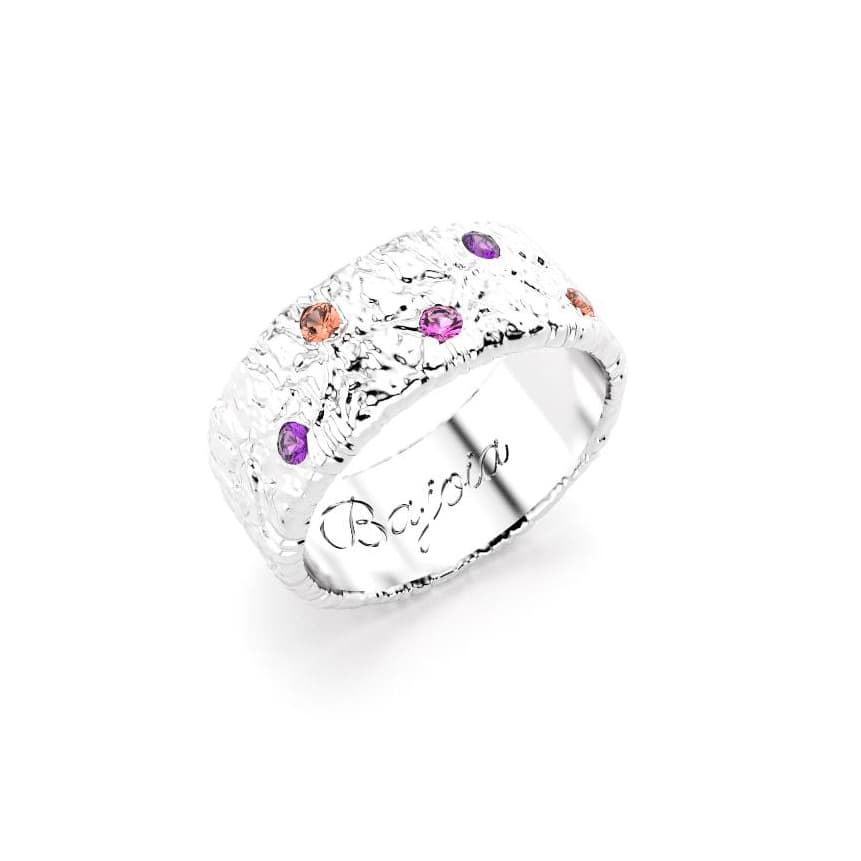 Bague constellation femme or blanc avec pierre semi-précieuse saphirs peches violets et roses
