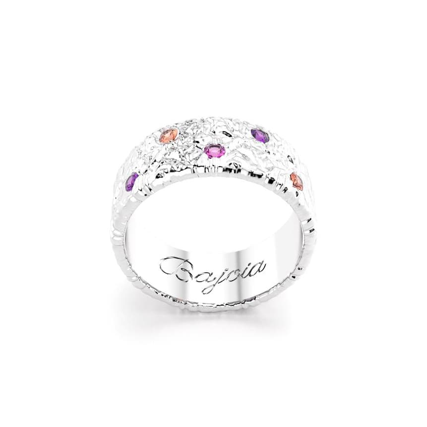 Bague constellation femme or blanc avec pierre semi-précieuse saphirs peches violets et roses