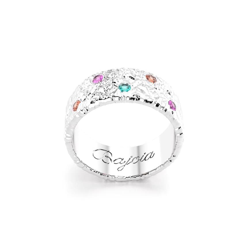 Bague constellation femme or blanc avec pierre semi-précieuse saphirs roses et peches tourmaline paraiba