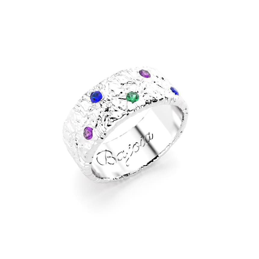 Bague constellation femme or blanc avec pierre semi-précieuse saphirs violets et bleus et emeraudes