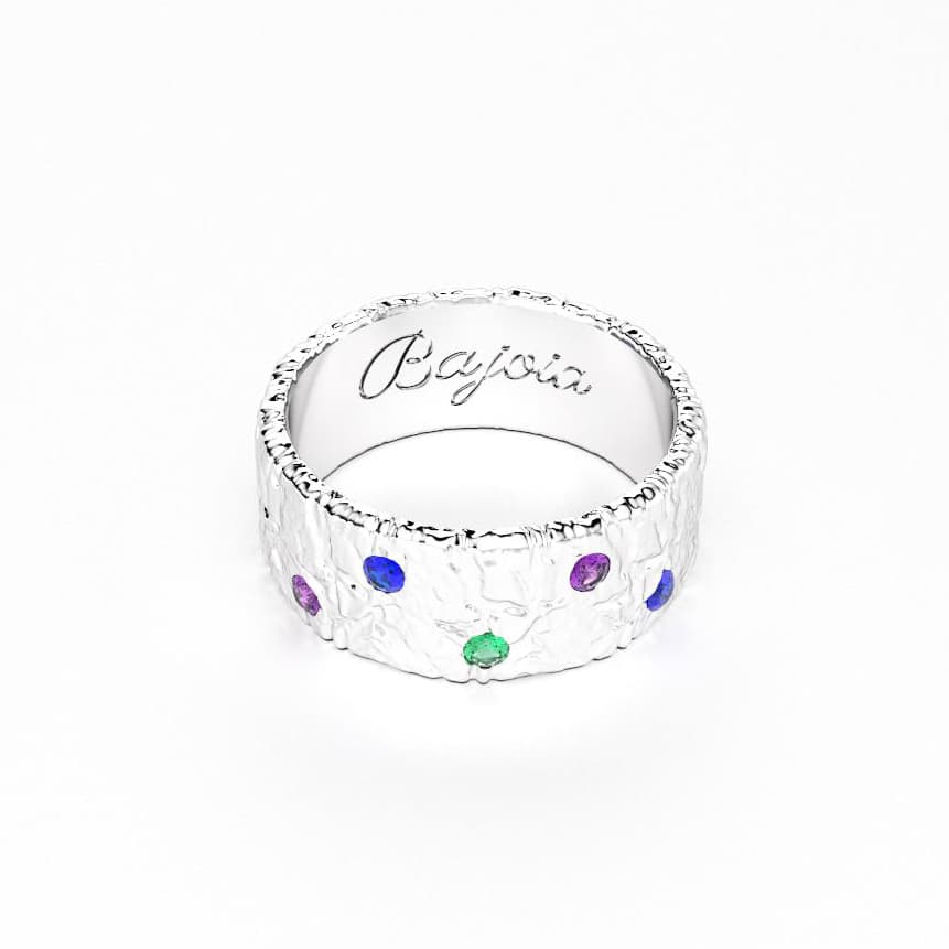 Bague constellation femme or blanc avec pierre semi-précieuse saphirs violets et bleus et emeraudes