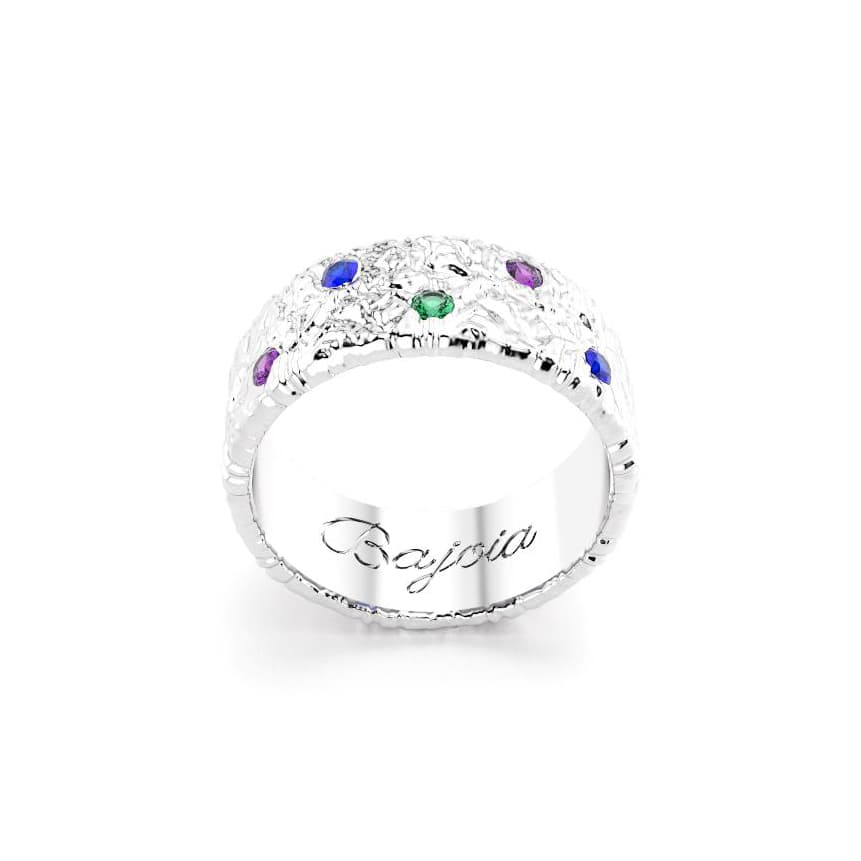 Bague constellation femme or blanc avec pierre semi-précieuse saphirs violets et bleus et emeraudes