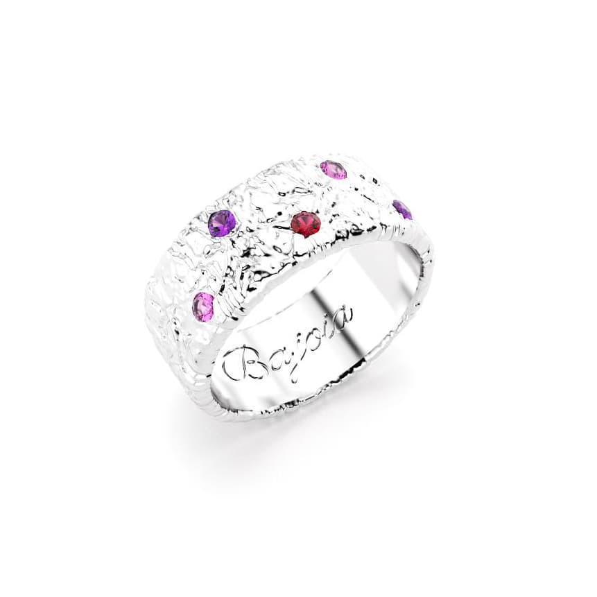 Bague constellation femme or blanc avec pierre semi-précieuse saphirs violets et rose et rubis