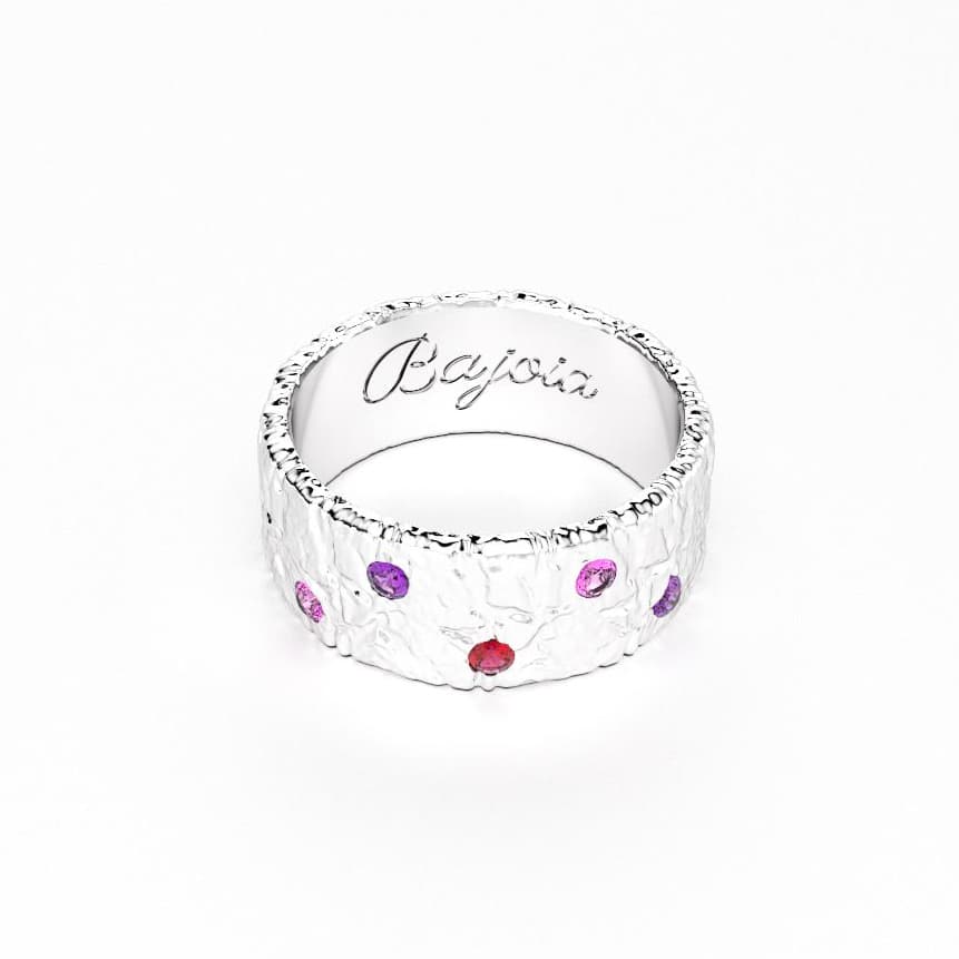 Bague constellation femme or blanc avec pierre semi-précieuse saphirs violets et rose et rubis