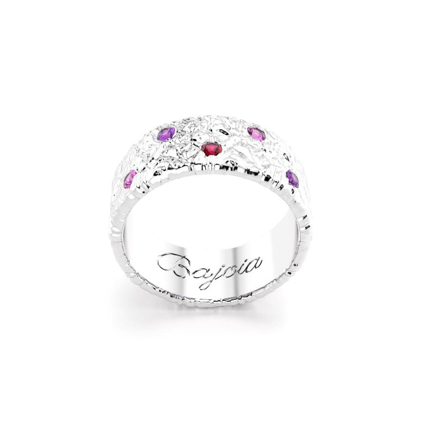 Bague constellation femme or blanc avec pierre semi-précieuse saphirs violets et rose et rubis