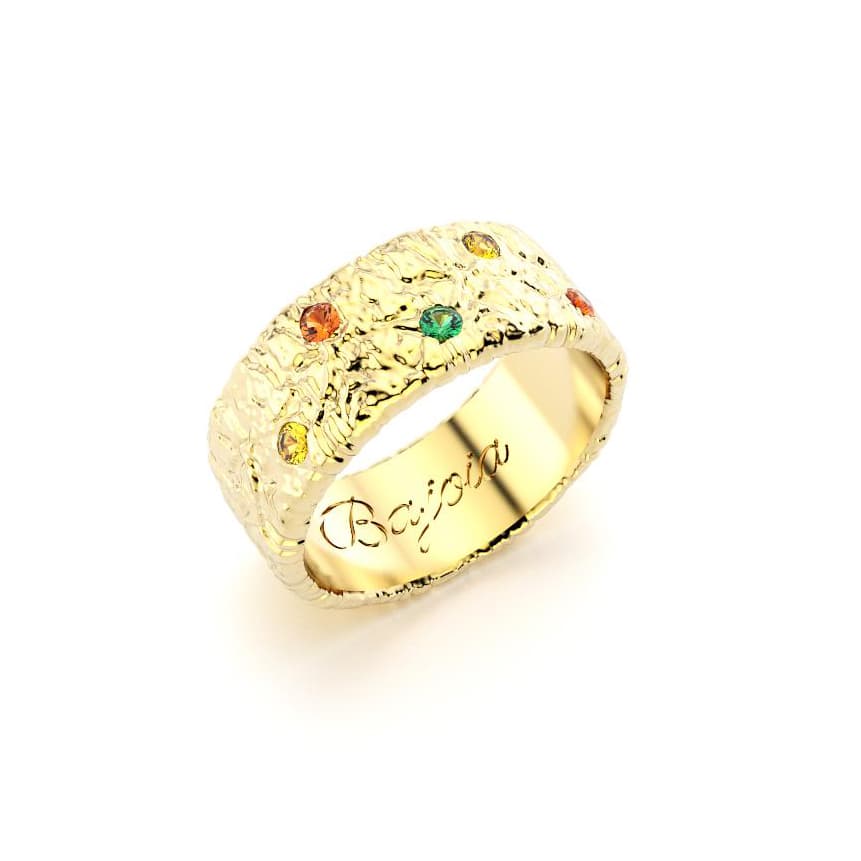 Bague constellation femme or jaune avec pierre semi-précieuse émeraude saphirs jaunes grenats mandarins