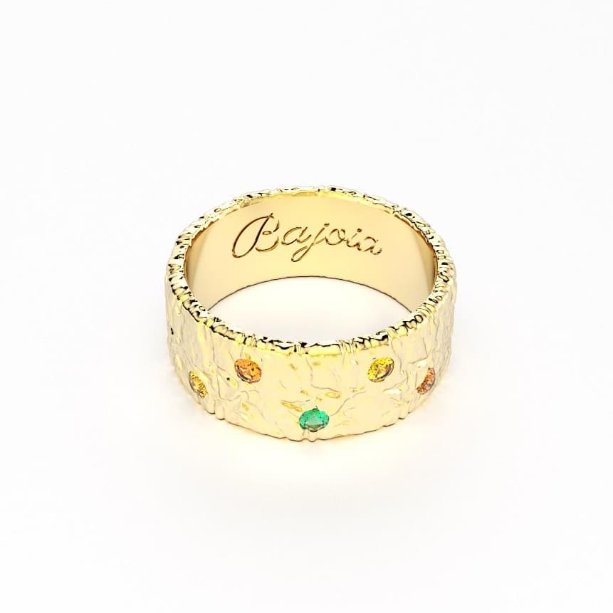 Bague constellation femme or jaune avec pierre semi-précieuse émeraude saphirs jaunes grenats mandarins