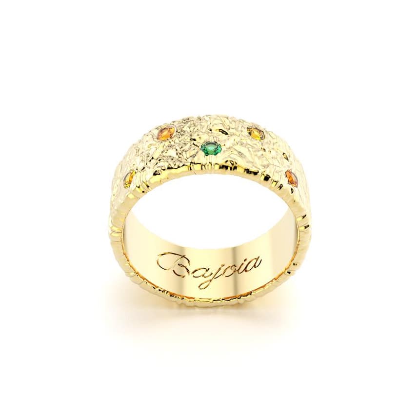 Bague constellation femme or jaune avec pierre semi-précieuse émeraude saphirs jaunes grenats mandarins