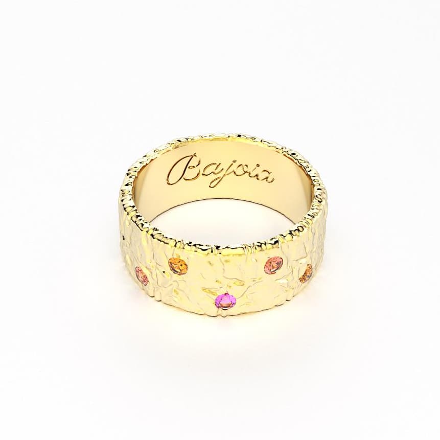 Bague constellation femme or jaune avec pierre semi-précieuse saphirs roses et pèches grenats mandarins