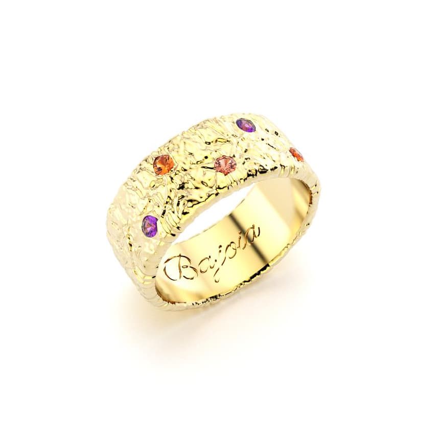 Bague constellation femme or jaune avec pierre semi-précieuse saphirs violets et pèches grenats mandarins