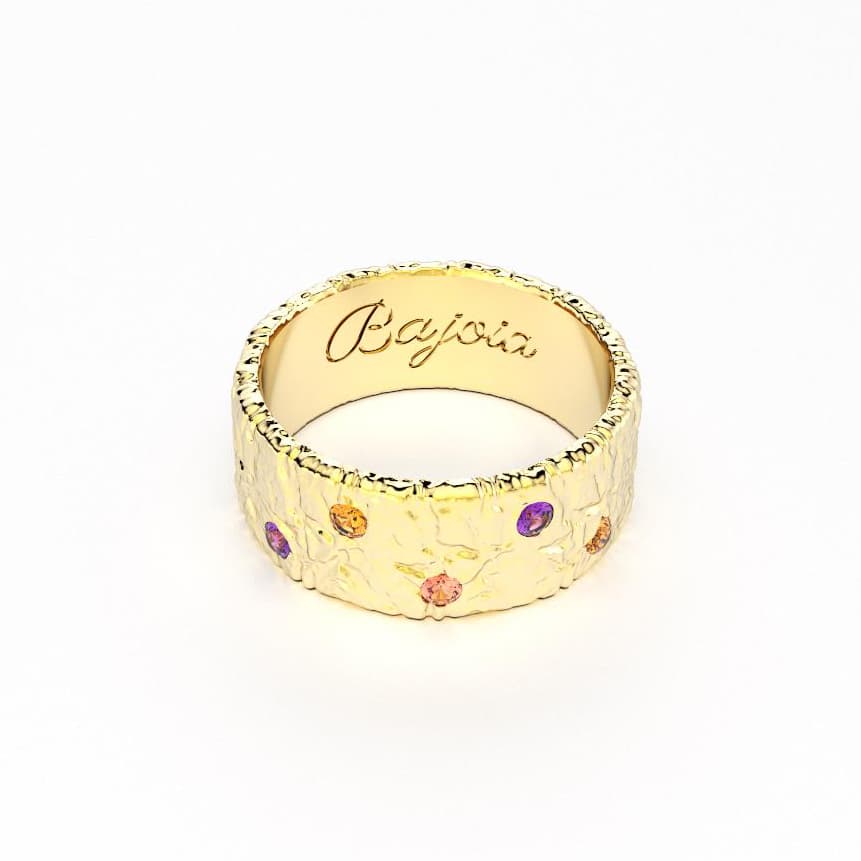 Bague constellation femme or jaune avec pierre semi-précieuse saphirs violets et pèches grenats mandarins