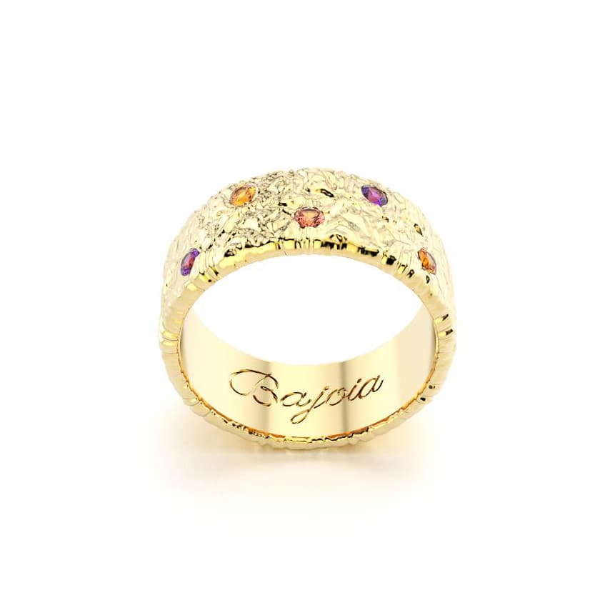 Bague constellation femme or jaune avec pierre semi-précieuse saphirs violets et pèches grenats mandarins
