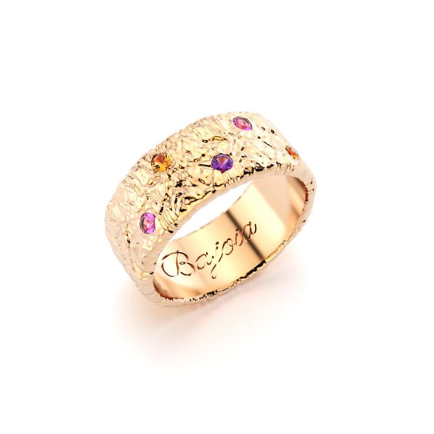 Bague constellation femme or rose avec pierre semi-précieuse grenats mandarins saphir violet et saphir rose