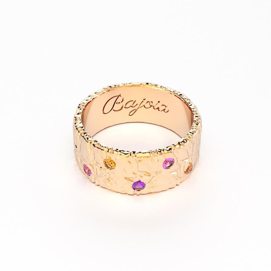 Bague constellation femme or rose avec pierre semi-précieuse grenats mandarins saphir violet et saphir rose