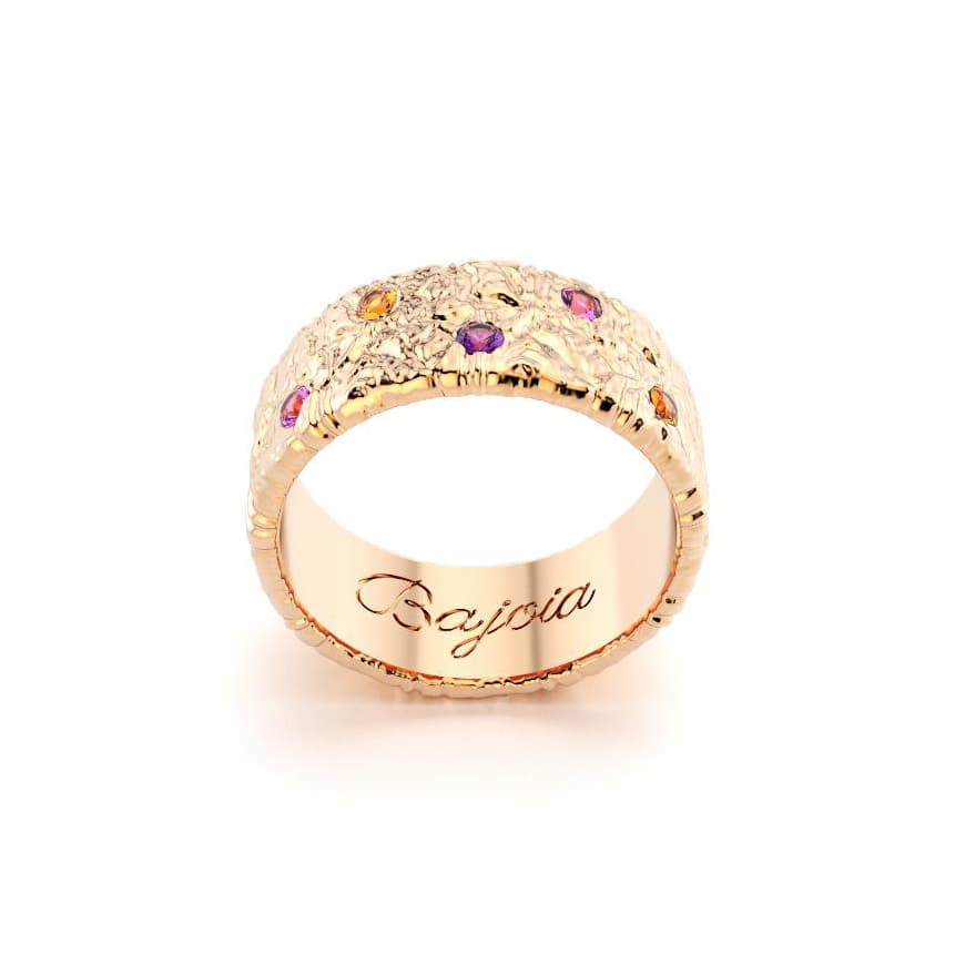Bague constellation femme or rose avec pierre semi-précieuse grenats mandarins saphir violet et saphir rose