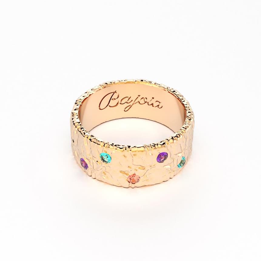 Bague constellation femme or rose avec pierre semi-précieuse tourmaline paraiba saphir violet et saphir peche