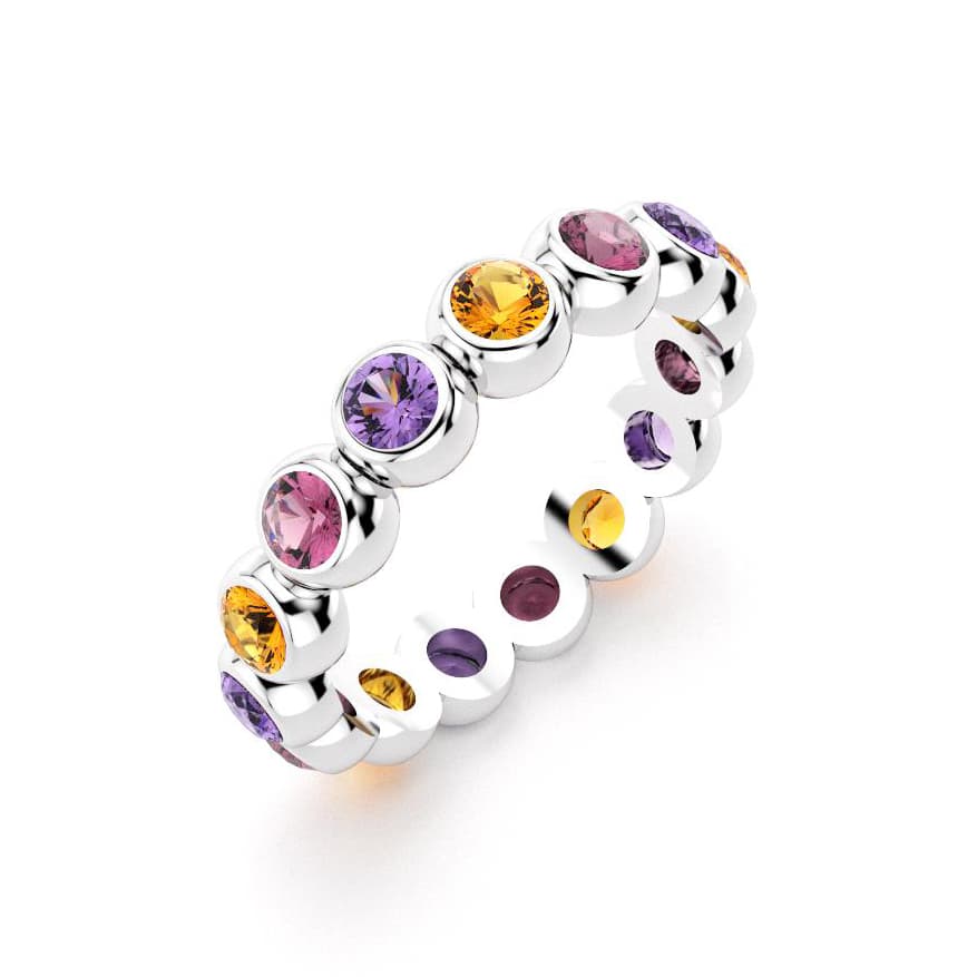 Bague neva femme en argent avec pierre semi-précieuse citrine et améthyste et rhodolite