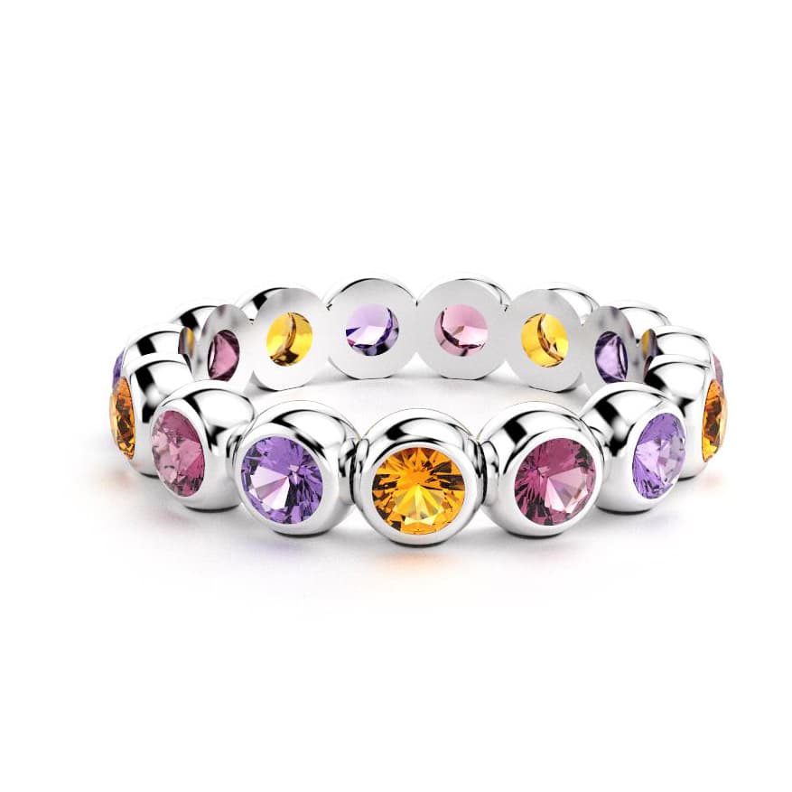 Bague neva femme en argent avec pierre semi-précieuse citrine et améthyste et rhodolite