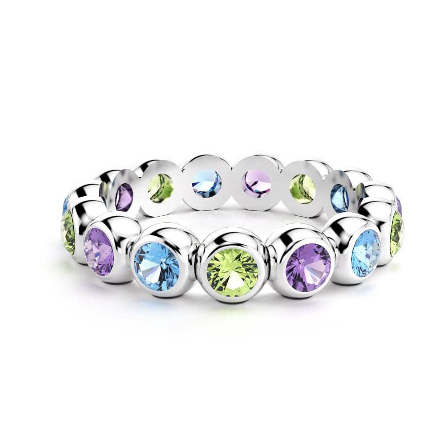 Bague neva femme en argent avec pierre semi-précieuse  péridot et améthyste et topaze