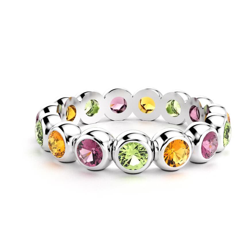 Bague neva femme en argent avec pierre semi-précieuse  péridot et rhodolite et citrine