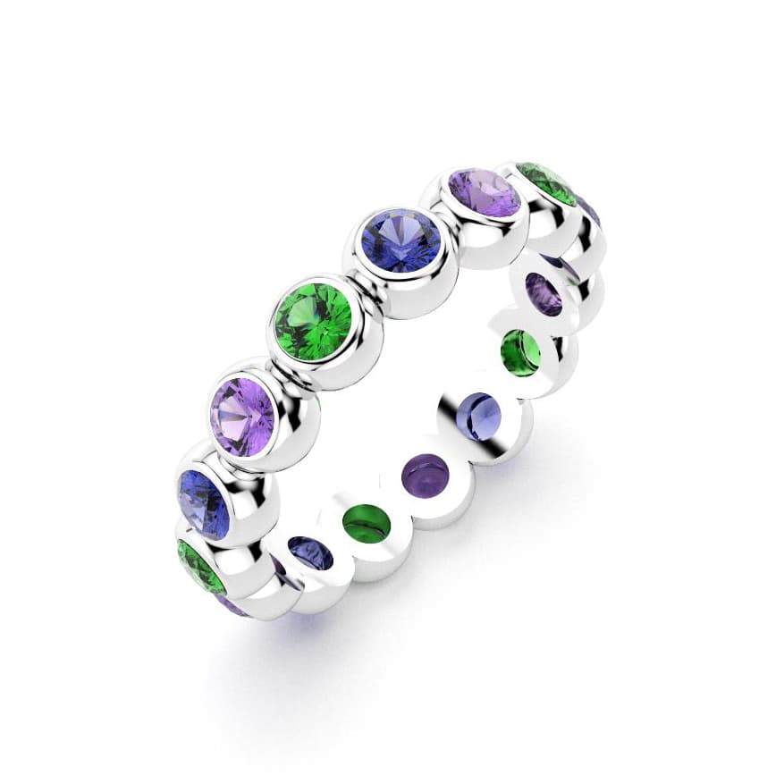 Bague neva femme en or blanc avec pierre semi-précieuse grenat tsavorite et saphirs violets et saphirs bleus