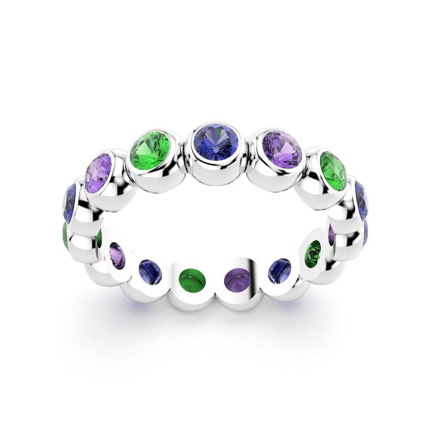 Bague neva femme en or blanc avec pierre semi-précieuse grenat tsavorite et saphirs violets et saphirs bleus