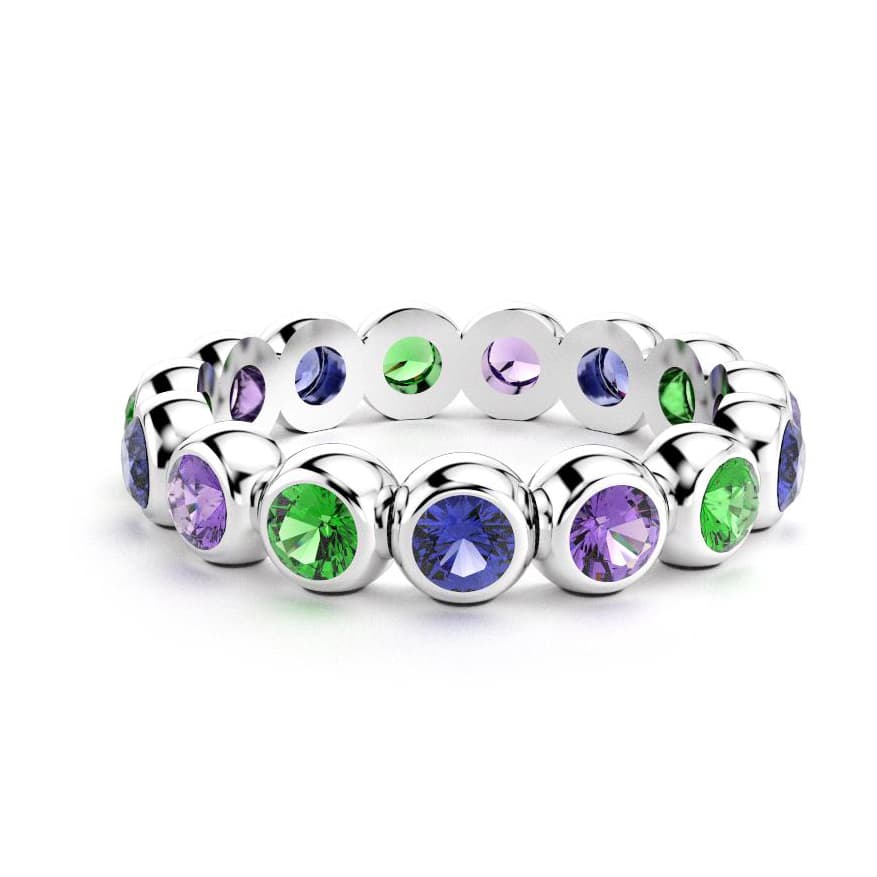 Bague neva femme en or blanc avec pierre semi-précieuse grenat tsavorite et saphirs violets et saphirs bleus