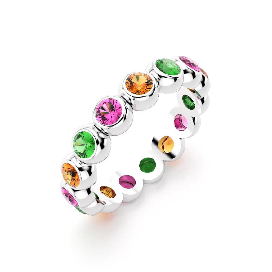 Bague neva femme en or blanc avec pierre semi-précieuse saphirs roses et grenats mandarins et grenats tsavorite