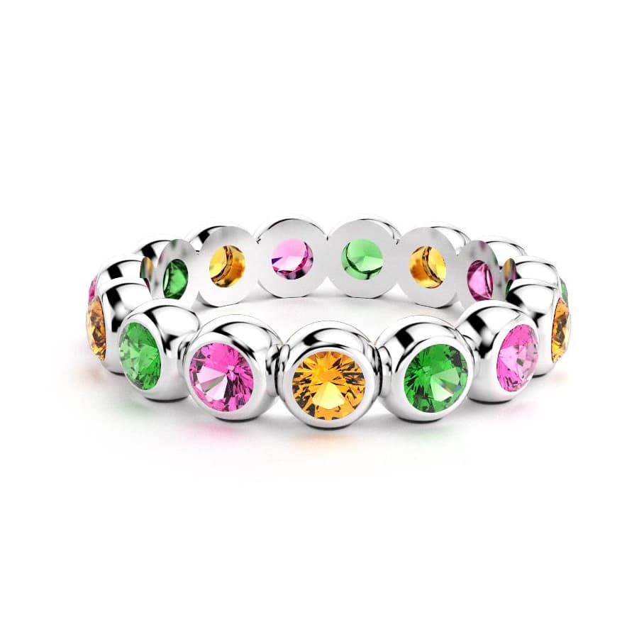 Bague neva femme en or blanc avec pierre semi-précieuse saphirs roses et grenats mandarins et grenats tsavorite