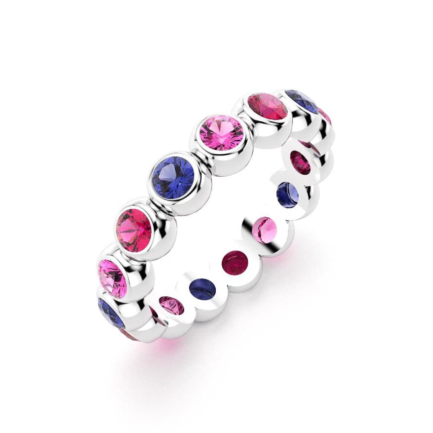 Bague neva femme en or blanc avec pierre semi-précieuse saphirs roses et saphirs bleus et rubis