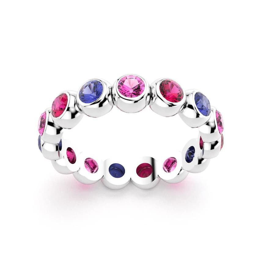 Bague neva femme en or blanc avec pierre semi-précieuse saphirs roses et saphirs bleus et rubis