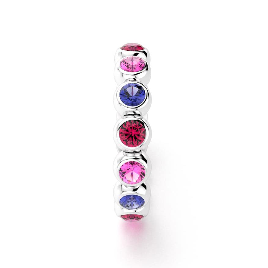 Bague neva femme en or blanc avec pierre semi-précieuse saphirs roses et saphirs bleus et rubis