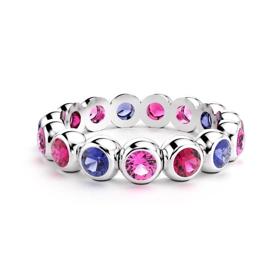 Bague neva femme en or blanc avec pierre semi-précieuse saphirs violets et saphirs bleus et rubis