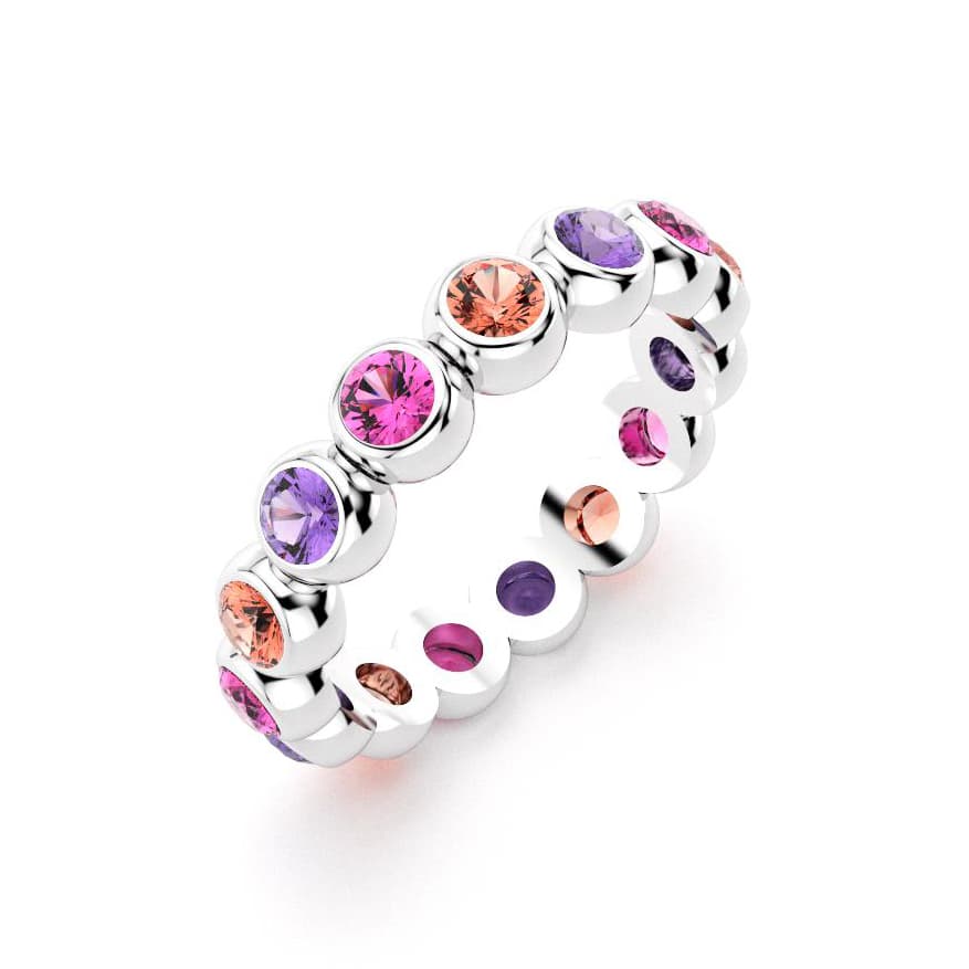 Bague neva femme en or blanc avec pierre semi-précieuse saphirs violets et saphirs roses et saphirs peches