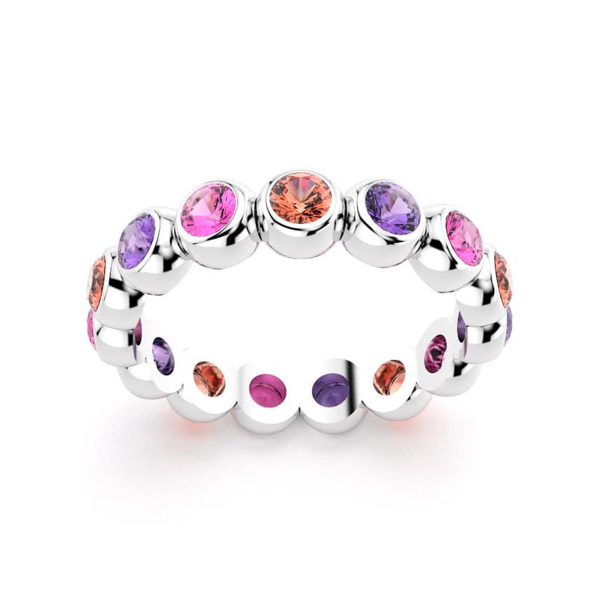 Bague neva femme en or blanc avec pierre semi-précieuse saphirs violets et saphirs roses et saphirs peches