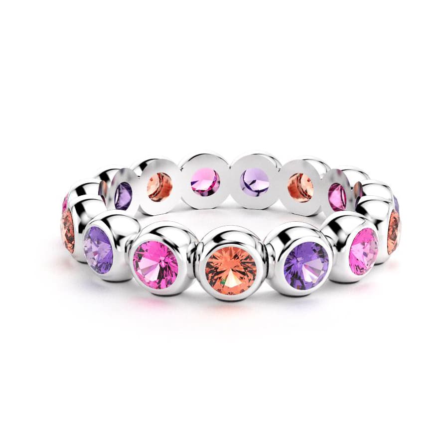 Bague neva femme en or blanc avec pierre semi-précieuse saphirs violets et saphirs roses et saphirs peches