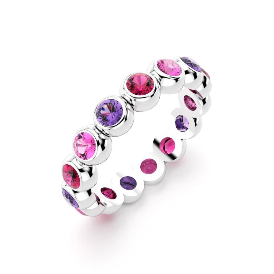 Bague neva femme en or blanc avec pierre semi-précieuse saphirs violets et saphirs roses et rubis