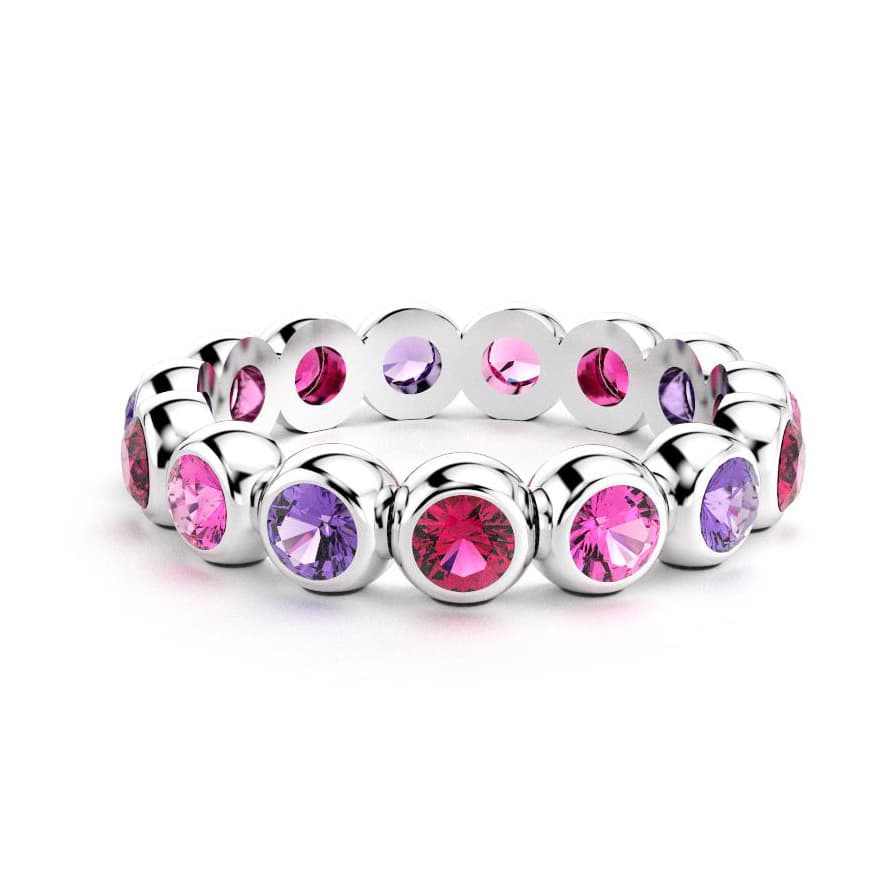 Bague neva femme en or blanc avec pierre semi-précieuse saphirs violets et saphirs roses et rubis