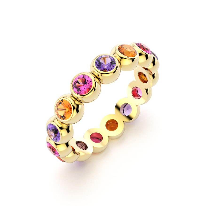 Bague neva femme en or jaune avec pierre semi-précieuse grenats mandarins saphirs roses saphirs violets