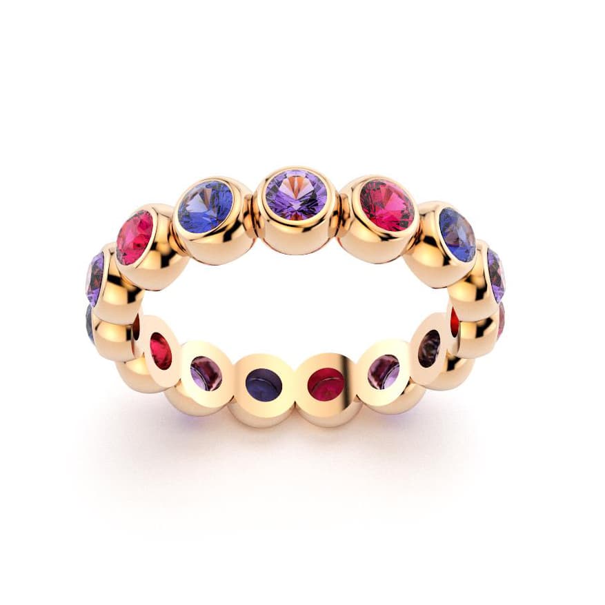 Bague neva femme en or rose  avec pierre semi-précieuse saphirs bleus et saphirs violets et rubis