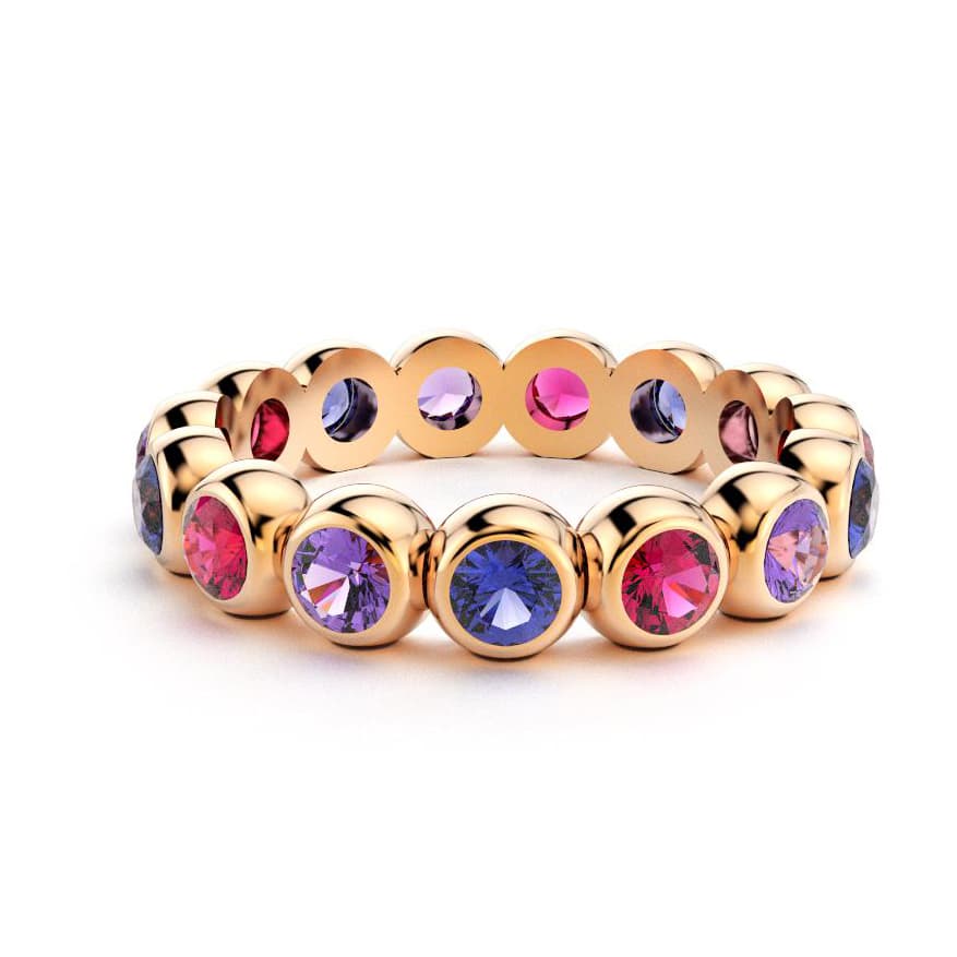 Bague neva femme en or rose  avec pierre semi-précieuse saphirs bleus et saphirs violets et saphirs roses