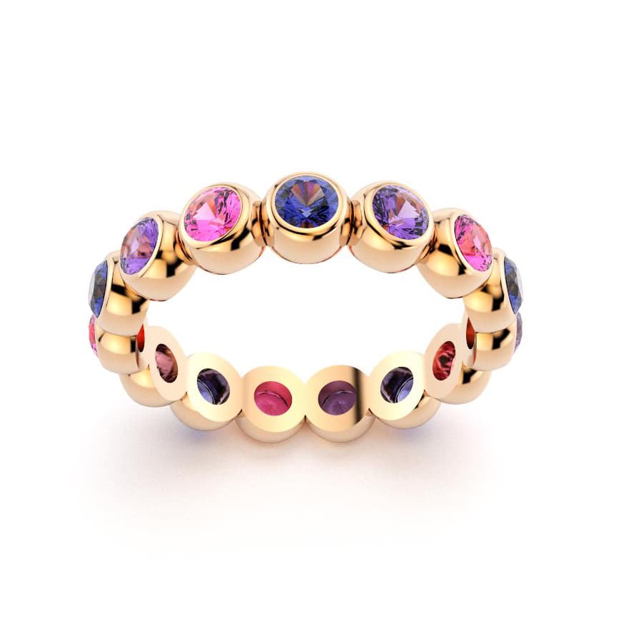 Bague neva femme en or rose  avec pierre semi-précieuse saphirs bleus et saphirs violets et saphirs roses