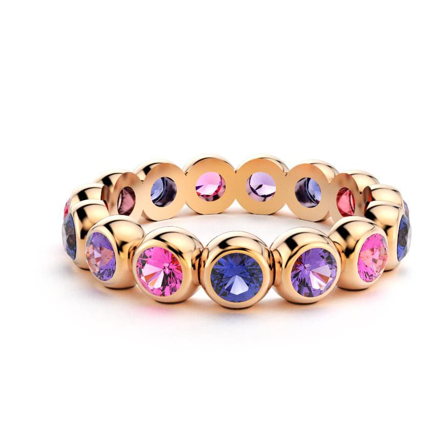 Bague neva femme en or rose  avec pierre semi-précieuse saphirs bleus et saphirs violets et saphirs roses