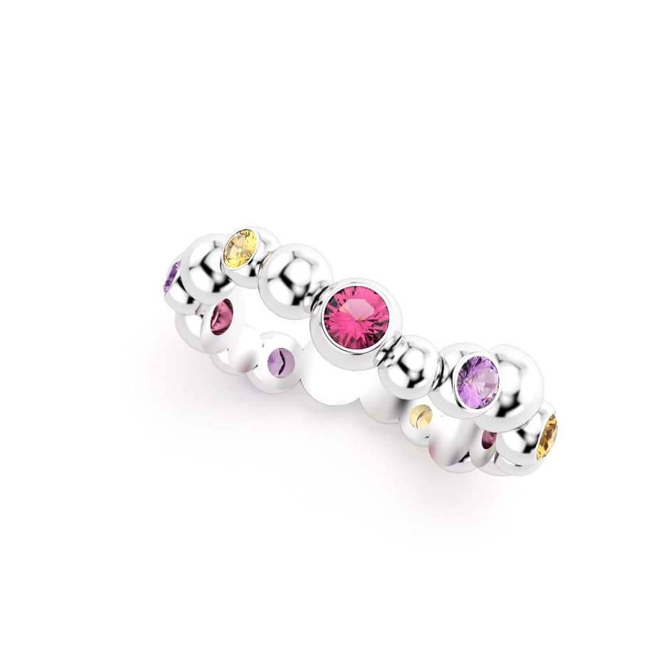 Bague volga femme or blanc pierre semi-précieuse rhodolites et citrines et améthyste