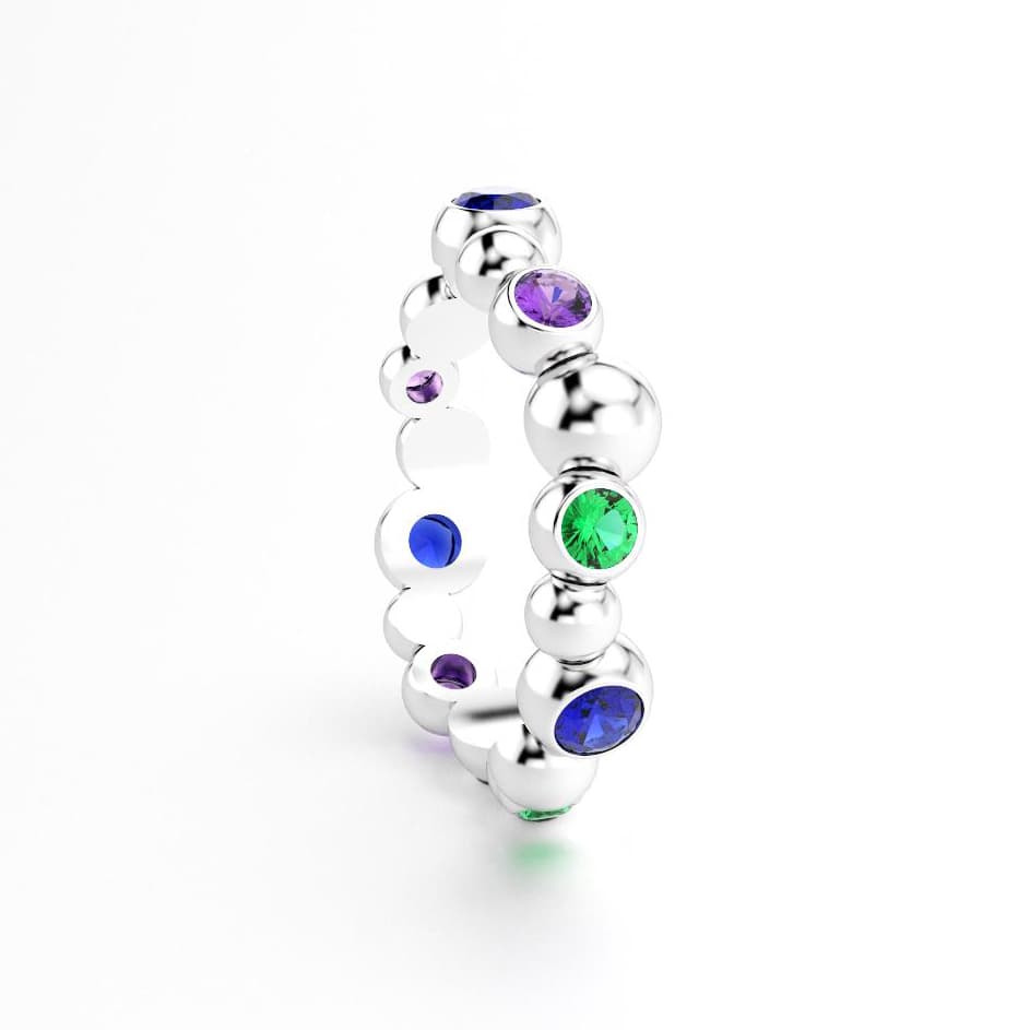 Bague volga femme or blanc pierre semi-précieuse saphir bleu et violets et émeraudes