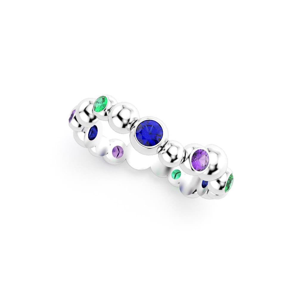 Bague volga femme or blanc pierre semi-précieuse saphir bleu et violets et émeraudes