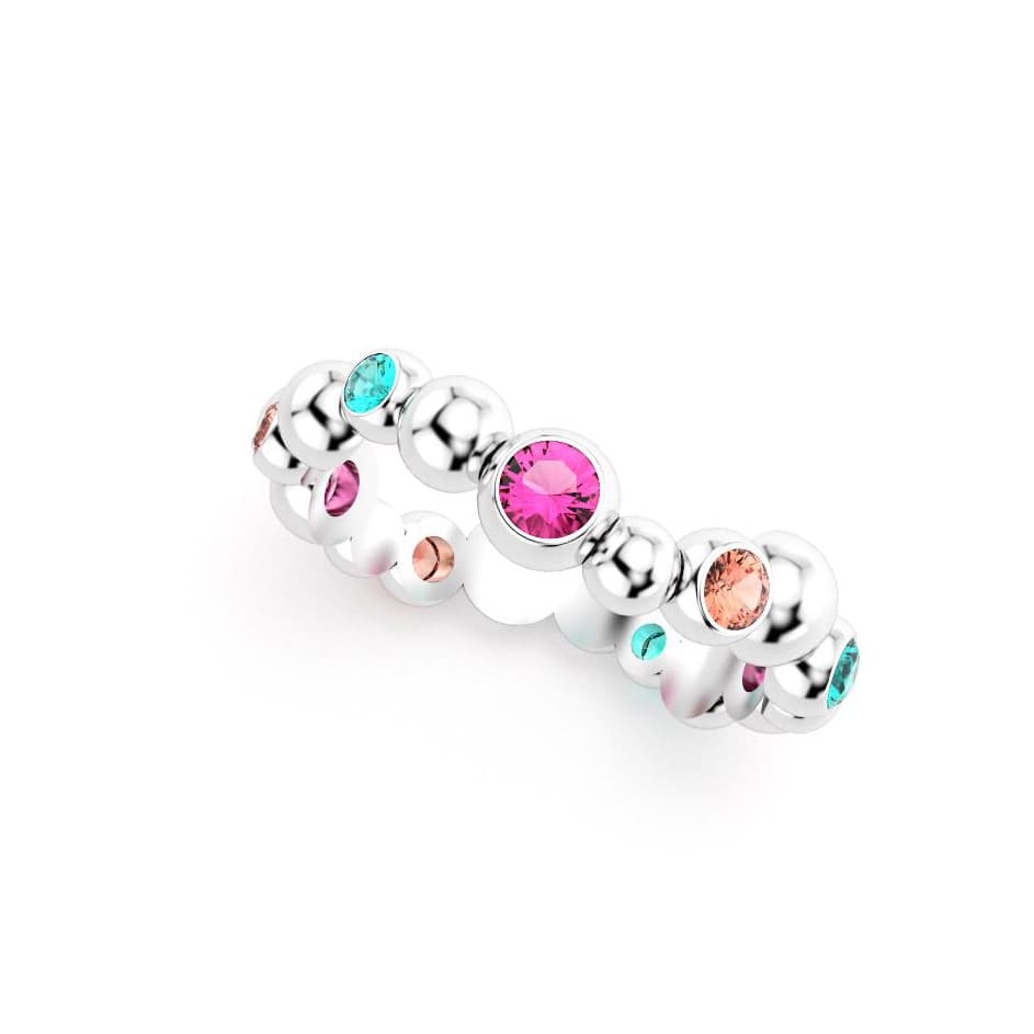 Bague volga femme or blanc pierre semi-précieuse saphir roses et peches tourmalines paraiba